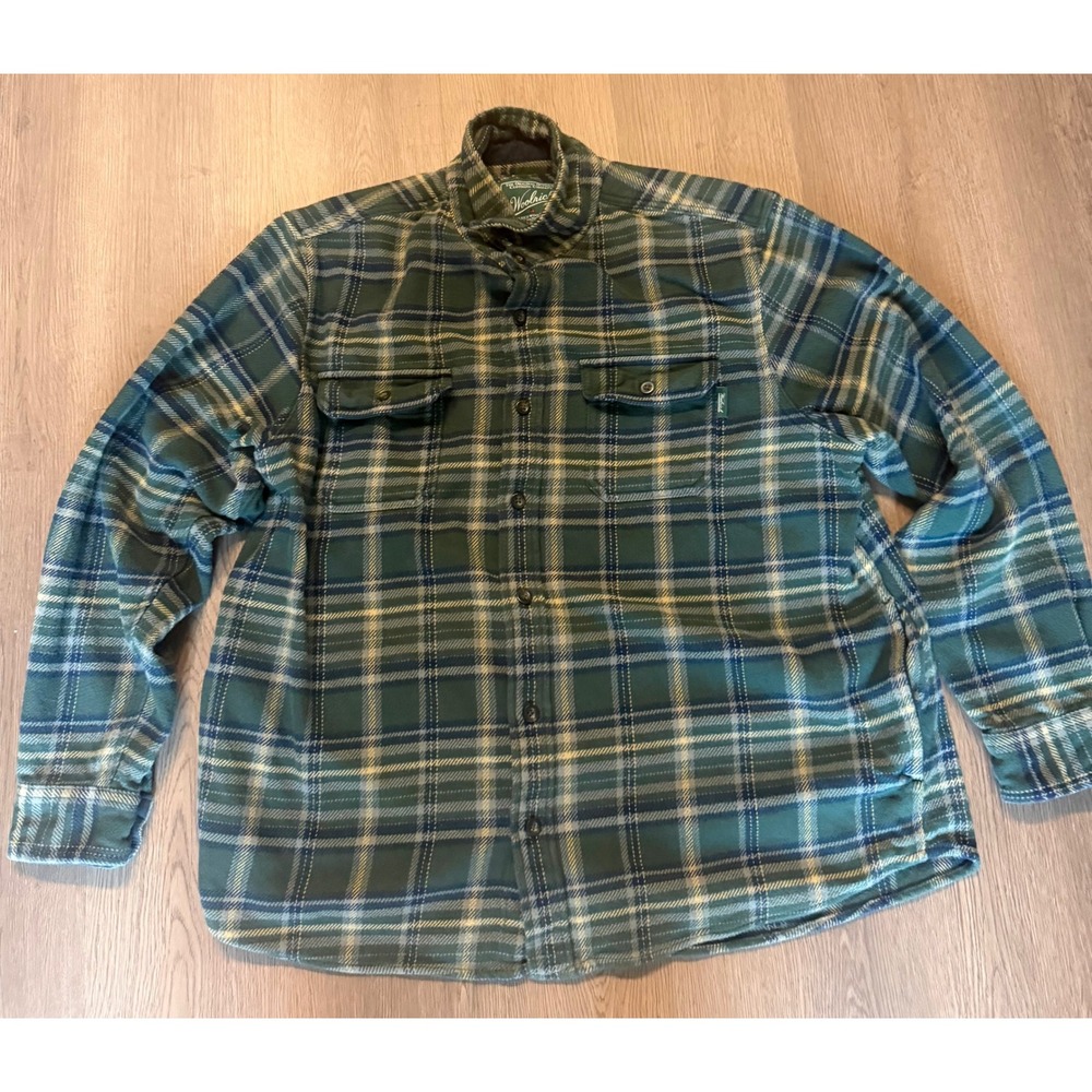 Woolrich Mens XXL Green Blue Plaid Flannel Button Down Shirt Long Sleeve Pockets